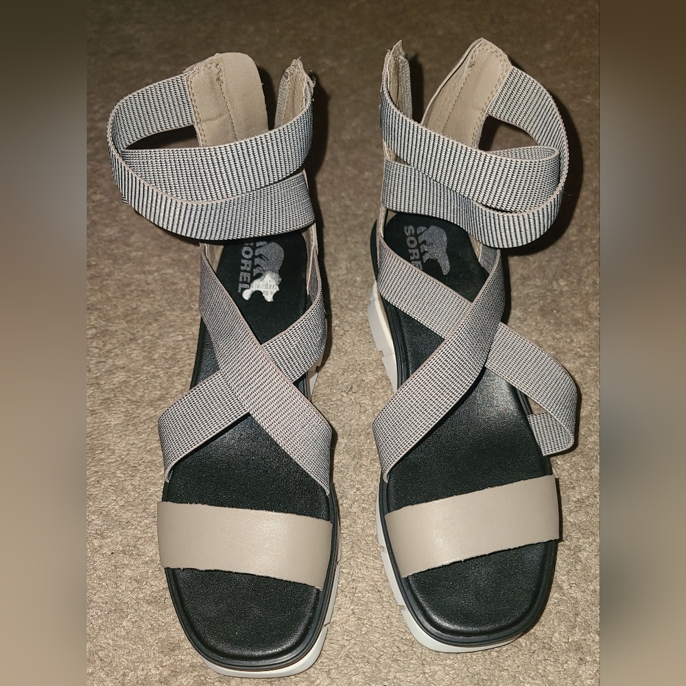 Sorel Black and Cream Sandals with Criss-Cross Straps
